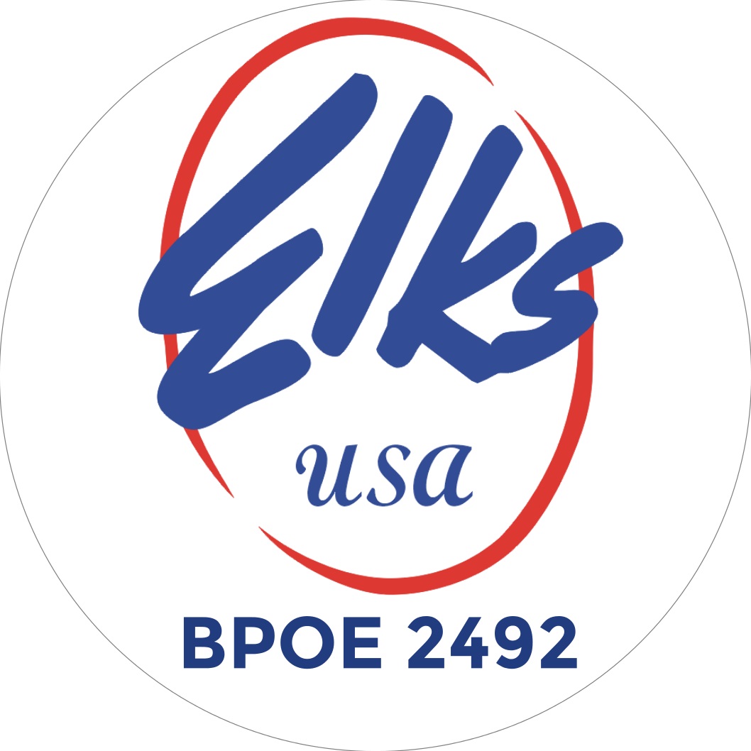 Round logo for the Elks USA, BPOE 2492, featuring stylized blue text on a white background with a red curved line.